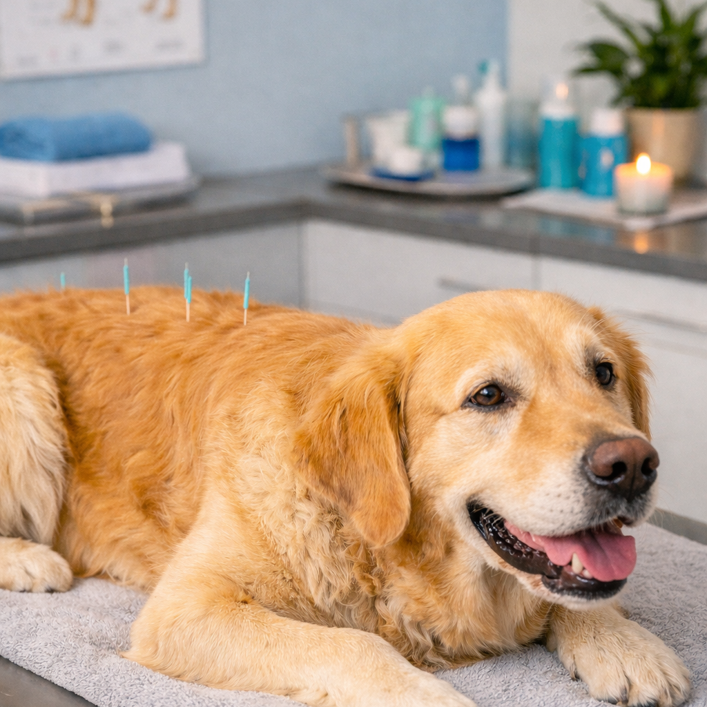 Golden Retriever erhält eine Akupunktur-Behandlung