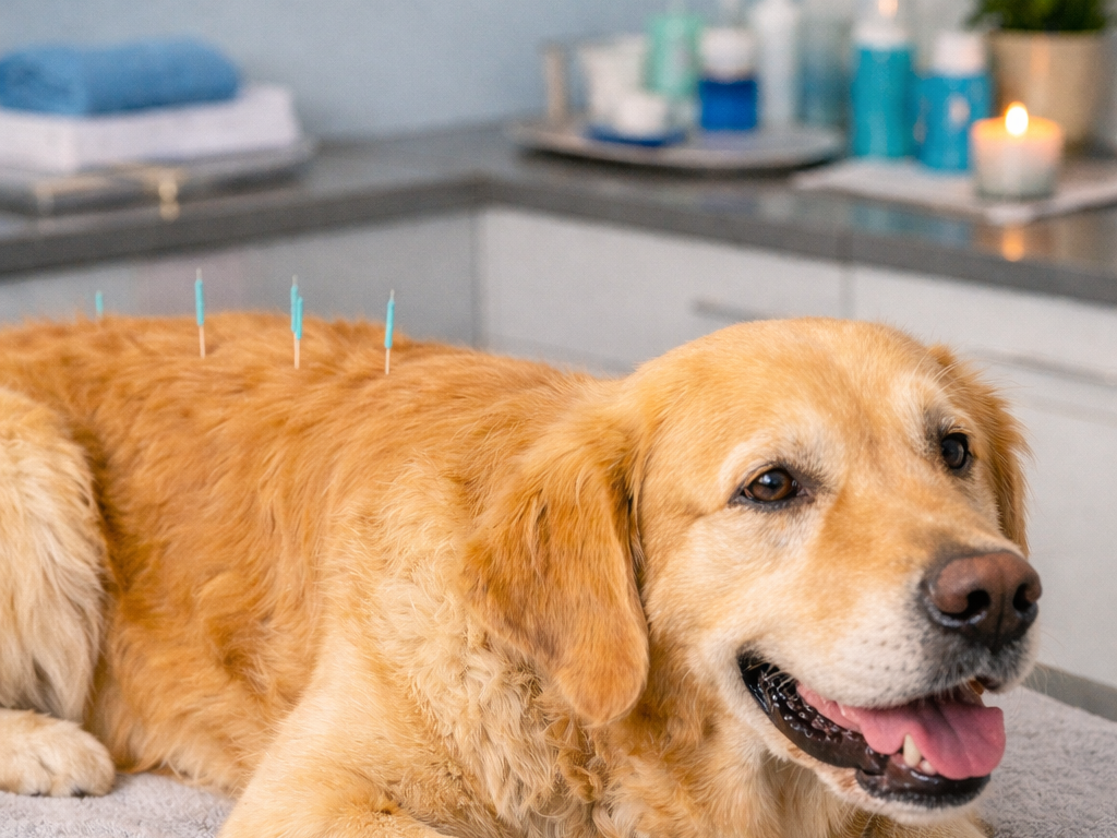 Golden Retriever erh&auml;lt eine Akupunktur-Behandlung