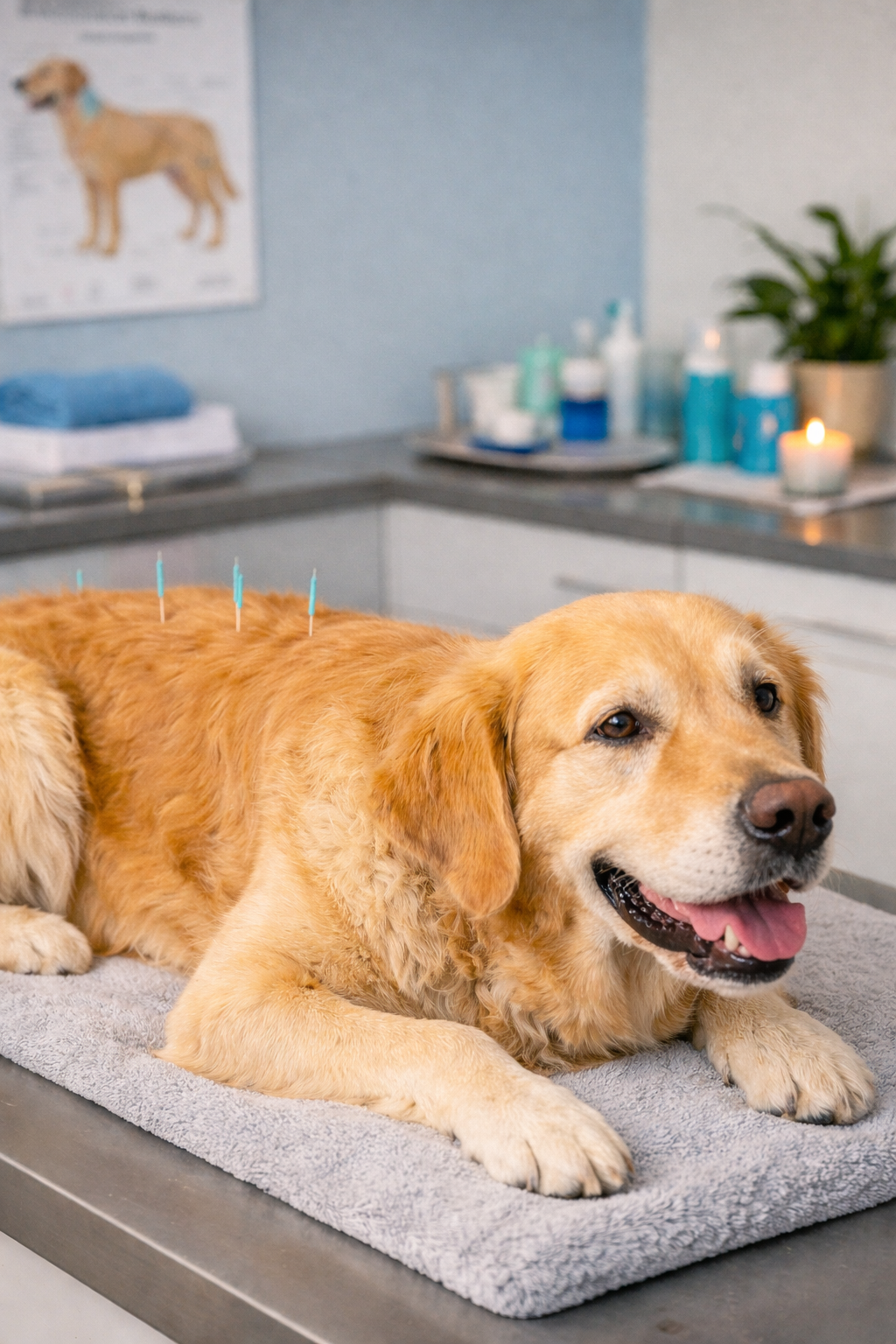 Golden Retriever erhält eine Akupunktur-Behandlung